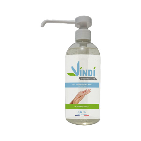 Vindi Désinfectant - gel hydroalcoolique - Flacon pompe de 500ml - Fabrication Française - 76% d'alcool - Virucide