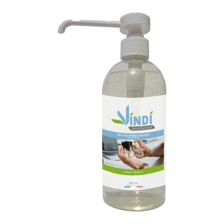 Vindi Désinfectant - solution hydroalcoolique - Flacon pompe de 500ml - Fabrication Française - 76% d'alcool - Virucide