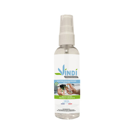 Vindi Désinfectant - solution hydroalcoolique menthe poivrée - Flacon spray de 100ml - Fabrication Française - Virucide
