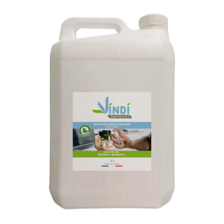 Vindi Désinfectant - solution hydroalcoolique menthe poivrée - Bidon de 5L - Fabrication Française - 76% d'alcool -Virucide
