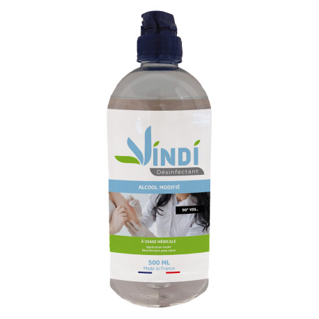 Vindi Désinfectant - alcool modifié 90° - Flacon 500ml - Fabrication Française - Désinfection peau saine et ustensiles médicaux