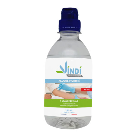 Vindi Désinfectant - alcool modifié 70° - Flacon de 250ml - Fabrication Française - Désinfection peau saine