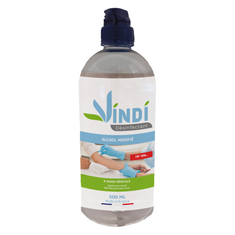 Vindi Désinfectant - alcool modifié 70° - Flacon de 500ml - Fabrication Française - Désinfection peau saine