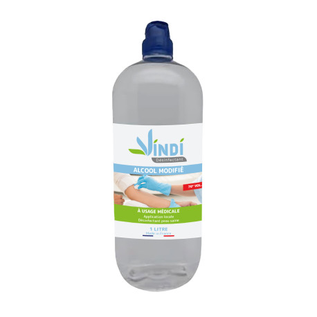 Vindi Désinfectant - alcool modifié 70° - Flacon de 1L - Fabrication Française - Désinfection peau saine